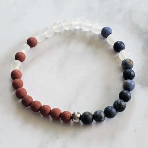 Achat (weiß) -Dumortierit-Jaspis (rot) -Mala (matt) mit Edelstahlanhänger und Armband – Bild 4