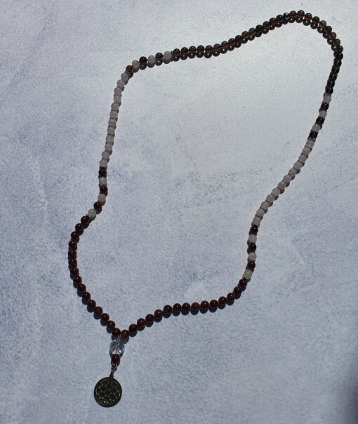 Granat-Rauchquarz-Rosenquarz-Mala mit Edelstahlanhänger (Blume des Lebens) und passendem Armband – Bild 5