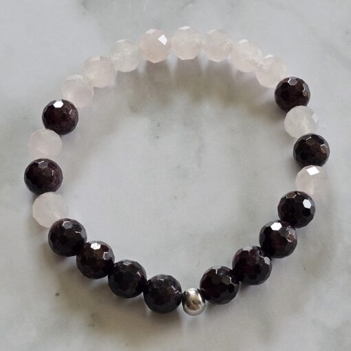 Granat (facettiert) -Rauchquarz (facettiert) -Rosenquarz (facettiert) -Mala (2) mit Edelstahl-Anhänger (Engelsflügel) und Armband – Bild 4