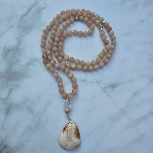 Morganit (Beryll) -Mala (2) mit rosa Skolezit-Anhänger (Tropfen) und Armband – Bild 5