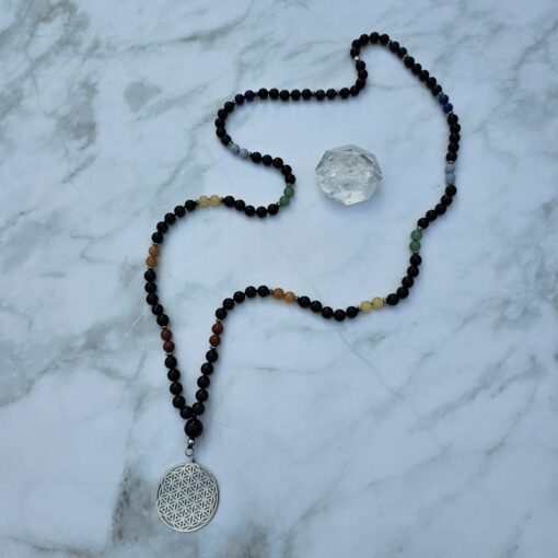 Obsidian-Chakra-Mala (1) mit Edelstahlanhänger (Blume des Lebens) – Bild 5