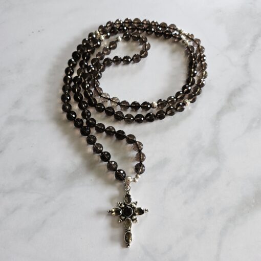 Rauchquarz (facettiert) -Mala mit Kreuzanhänger aus 925 Silber und Rauchquarz sowie Armband – Bild 5