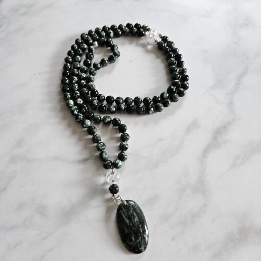 Seraphinit-Bergkristall-Mala mit Seraphinit-Anhänger (Oval) und Armband – Bild 5