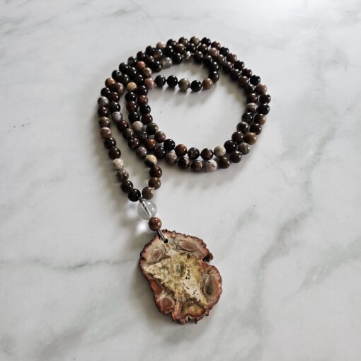 Versteinerte Holz-Mala (3) mit größerem, versteinertem Holz-Anhänger (Freiform) und Armband – Bild 5