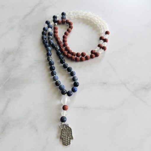 Achat (weiß) -Dumortierit-Jaspis (rot) -Mala (matt) mit Edelstahlanhänger und Armband – Bild 5