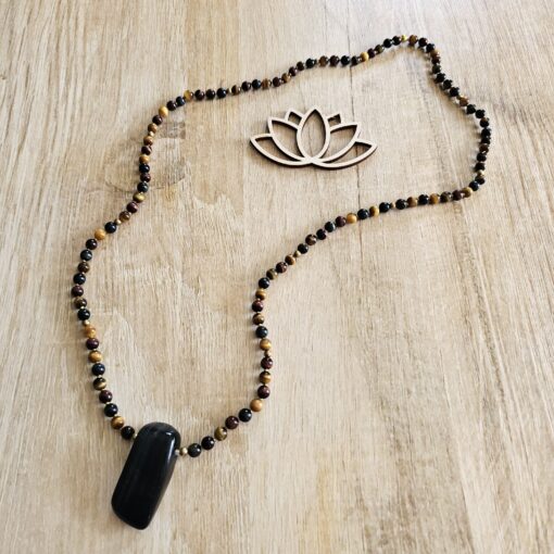 Tigerauge (bunt) -Messing-Mala mit Falkenauge-Anhänger (Freiform) – Bild 5