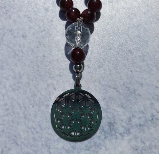 Granat-Rauchquarz-Rosenquarz-Mala mit Edelstahlanhänger (Blume des Lebens) und passendem Armband – Bild 6