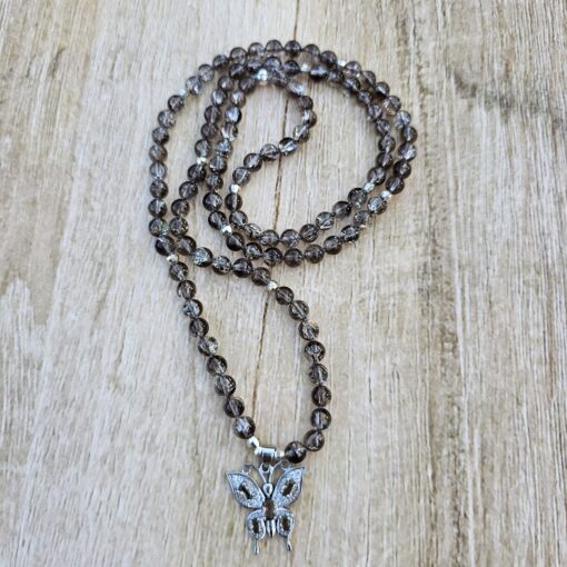Rauchquarz („Regenbogenrauchquarz“) -Mala mit 925 Silberanhänger (Schmetterling) und Armband – Bild 5
