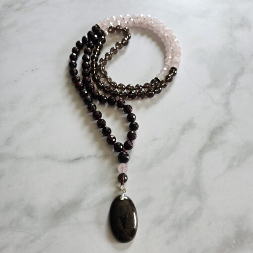 Granat (facettiert) -Rauchquarz (facettiert) -Rosenquarz (facettiert) -Mala (1) mit Granat-Anhänger (Oval) und Armband – Bild 5