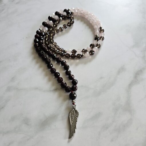 Granat (facettiert) -Rauchquarz (facettiert) -Rosenquarz (facettiert) -Mala (2) mit Edelstahl-Anhänger (Engelsflügel) und Armband – Bild 5
