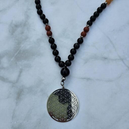 Obsidian-Chakra-Mala (1) mit Edelstahlanhänger (Blume des Lebens) – Bild 6
