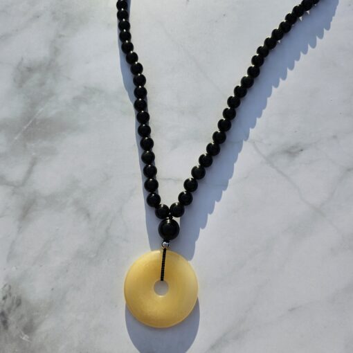 Obsidian-Chakra-Mala (2) mit gelbem Aragonit-Donut – Bild 6