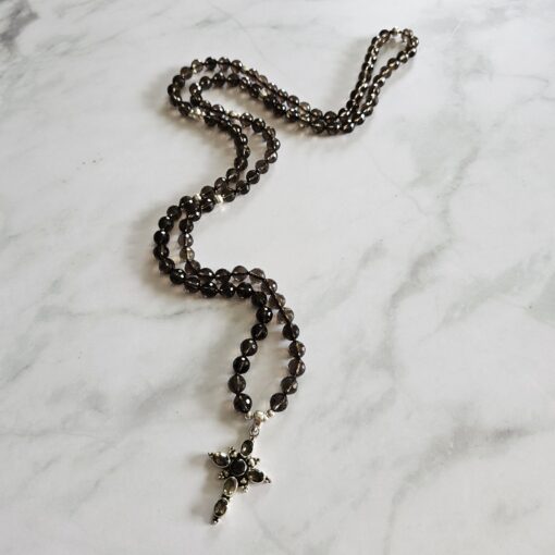 Rauchquarz (facettiert) -Mala mit Kreuzanhänger aus 925 Silber und Rauchquarz sowie Armband – Bild 6