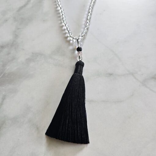 Bergkristall-Rosenquarz-Turmalin (schwarz) -Mala mit Seidenquaste – Bild 6