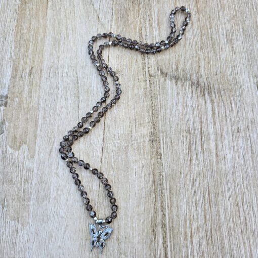 Rauchquarz („Regenbogenrauchquarz“) -Mala mit 925 Silberanhänger (Schmetterling) und Armband – Bild 6
