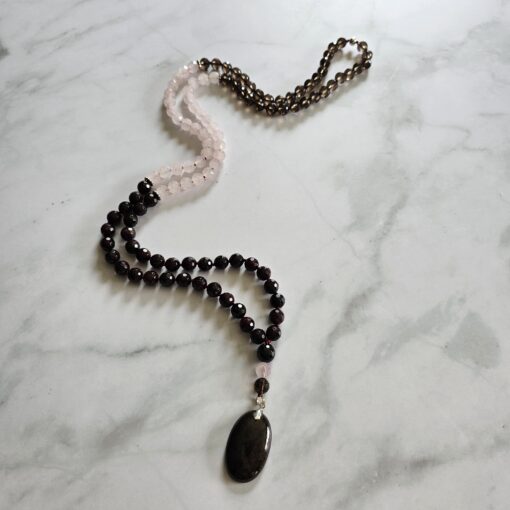 Granat (facettiert) -Rauchquarz (facettiert) -Rosenquarz (facettiert) -Mala (1) mit Granat-Anhänger (Oval) und Armband – Bild 6