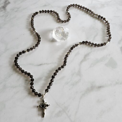 Rauchquarz (facettiert) -Mala mit Kreuzanhänger aus 925 Silber und Rauchquarz sowie Armband – Bild 7
