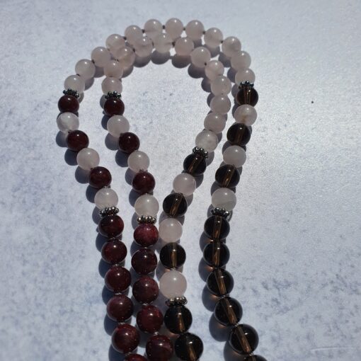 Granat-Rauchquarz-Rosenquarz-Mala mit Edelstahlanhänger (Blume des Lebens) und passendem Armband – Bild 8