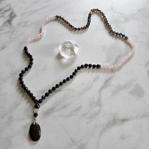 Granat (facettiert) -Rauchquarz (facettiert) -Rosenquarz (facettiert) -Mala (1) mit Granat-Anhänger (Oval) und Armband – Bild 7