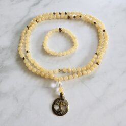 Serpentin (gelb) -Mala mit Messinganhänger (Baum des Lebens) und Armband
