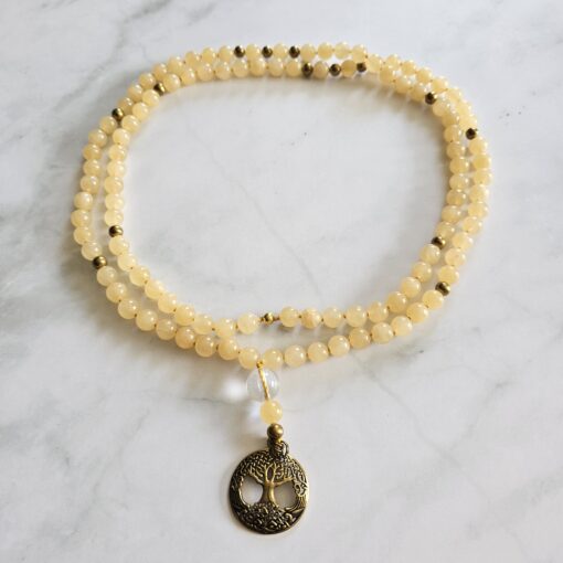 Serpentin (gelb) -Mala mit Messinganhänger (Baum des Lebens) und Armband – Bild 3