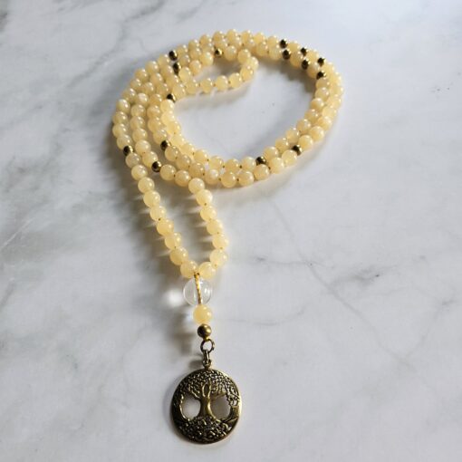 Serpentin (gelb) -Mala mit Messinganhänger (Baum des Lebens) und Armband – Bild 5