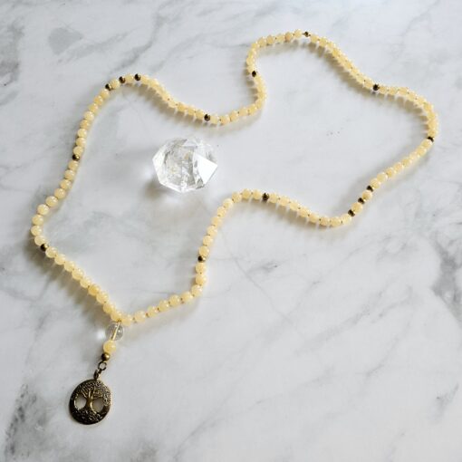 Serpentin (gelb) -Mala mit Messinganhänger (Baum des Lebens) und Armband – Bild 7